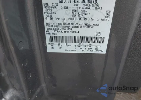 2009 Ford F-150 Stx/Xl/Xlt из США, поврежденный, VIN 1FTRX12859FA95094